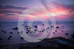 Fishing boats and baskets at sunset