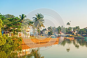 fishing boats in the bay of the Indian Ocean at dawn.