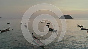 Fishing boats in the bay, schooner, sea, thai, thailand, yacht, sunset, beach, ship, drone flight 4k