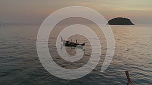Fishing boats in the bay, schooner, sea, thai, thailand, yacht, sunset, beach, ship, drone flight 4k