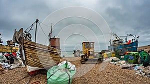 Fishing boats on the beach at Hastings, England