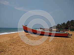 fishing boats on the beach, Kovalam beach seascape view Thiruvananthapuram Kerala