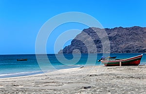 Fishing boats on the beach, Praia de Sao Pedro, Island Sao Vicente, Cape Verde, Cabo Verde, Africa