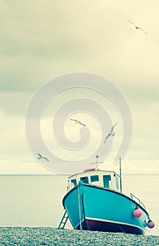 Fishing Boats on beach with seagulls