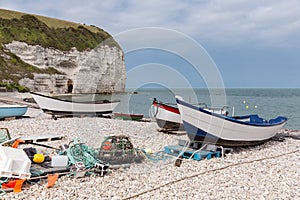 Fishing boats at the beach of Yport in Normandie, France