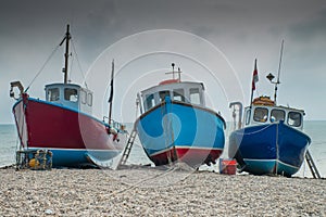 Fishing boats on Beer beach, Dorset, England