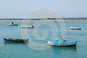 Fishing boats on the Cachucha beach in Puerto Real, Cadiz. Andalusia, Spain.