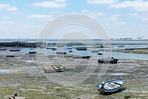 Fishing boats on the coast of the Bay of Puerto Real in Cadiz. Andalusia Spain. June 27, 2021