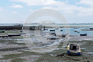 Fishing boats on the coast of the Bay of Puerto Real in Cadiz. Andalusia Spain. June 27, 2021