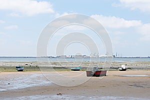 Fishing boats on the coast of the Bay of Puerto Real in Cadiz. Andalusia Spain. June 27, 2021