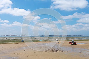 Fishing boats on the coast of the Bay of Puerto Real in Cadiz. Andalusia Spain. June 27, 2021