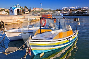 Fishing boats on the coastline of Kato Galatas town on Crete, Greece