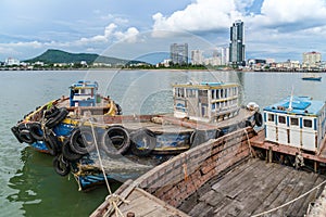 Fishing boats are docked at Jarin pier. , Sriracha, Chonburi, Thailand