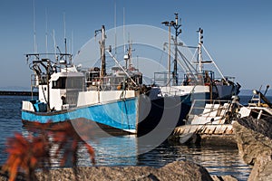 Fishing boats docked at a small harbor