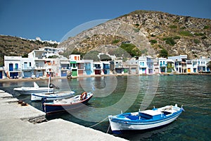 Fishing boats in front of Firopotamos in Milos island