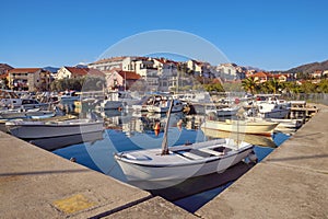 Fishing boats in harbor. Montenegro, Tivat city, Marina Kalimanj
