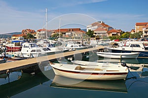 Fishing boats in harbor. Montenegro, view of Tivat city