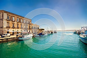 Fishing boats in the harbor of Ortigia island