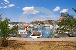 Fishing boats in harbor. View of Tivat town, Montenegro