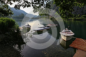 Fishing boats on the lake in the early morning