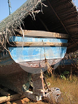 Fishing boats lined along the shore. India, Karnataka