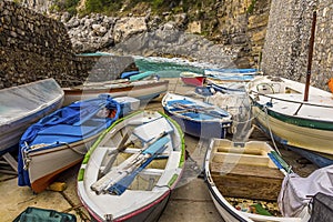 Fishing boats litter the quayside at Praiano. Italy on the Amalfi coast