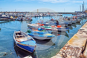 Fishing boats moored in Olhao Harbour, Eastern Algarve, Portugal