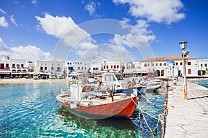 Fishing boats in Mykonos town, famous touristic destination, Greece