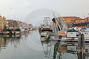 fishing boats in the navigable canal near Adriatic Sea in Northe