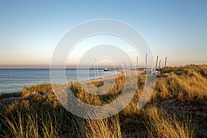 Fishing boats on the North Sea, Amazing sunset landscape