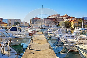 Fishing boats at pier. Montenegro. Marina Kalimanj in Tivat city