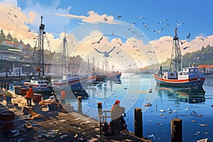 Fishing boats at the pier in the port. Digital painting. A busy fishing dock with seagulls, boats and fishermen at work, AI