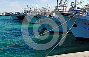 Fishing boats in the port at the dock, reflections of the sun in the green sea and taut hawsers