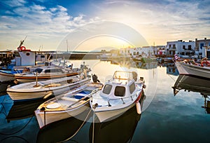 Fishing boats in port of Naousa. Paros lsland, Greece