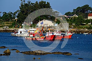 Fishing boats red and white with flags