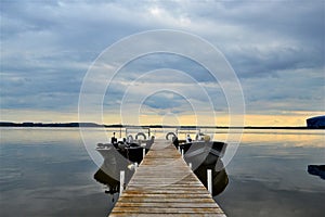 Boats resting on Shawano lake in Wisconsin. photo
