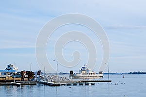 Fishing boats in the sea. ferry on the winter sea.