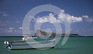 Fishing boats on the sea with a view of Coin de Mire in the background in Mauritius photo