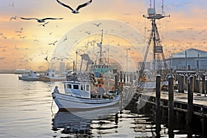Fishing boats and seagulls in the harbor at sunset, A busy fishing dock with seagulls, boats and fishermen at work, AI Generated