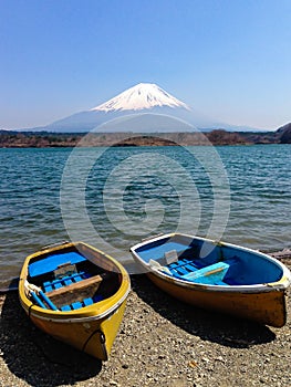 Fishing boats, Shoji Lake, Mount Fuji, Japan