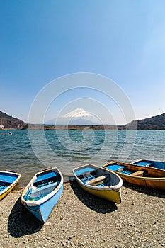 Fishing boats, Shoji Lake, Mount Fuji, Japan