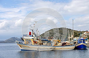 Fishing boats at small harbour in Pachi village. Megara,Greece