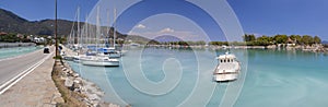 Fishing boats stand in the marina of the resort town of Methana in the Peloponnese in Greece