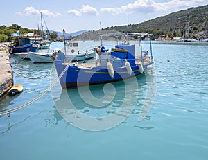 Fishing boats stand in the marina of the resort town of Methana in the Peloponnese in Greece