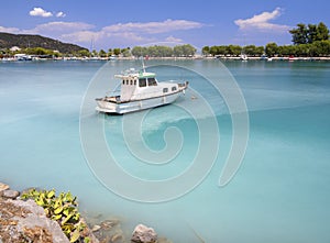 Fishing boats stand in the marina of the resort town of Methana in the Peloponnese in Greece