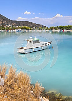 Fishing boats stand in the marina of the resort town of Methana in the Peloponnese in Greece