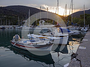 Fishing boats stand in the marina of the resort town of Methana in the Peloponnese in Greece