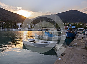 Fishing boats stand in the marina of the resort town of Methana in the Peloponnese in Greece