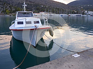 Fishing boats stand in the marina of the resort town of Methana in the Peloponnese in Greece