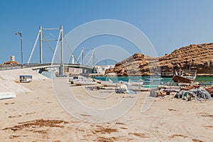 Fishing boats in Sur, Oman. Khor al Batar bridge in the backgroun